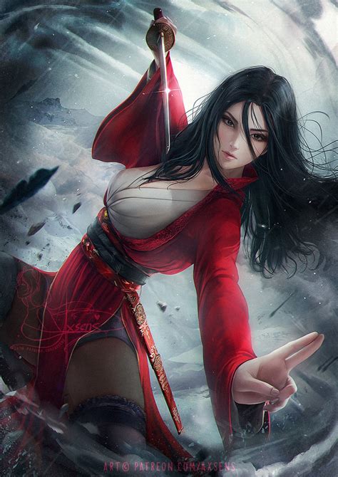 Red Clothing Long Hair Fighting Women Drawing Dark Hair Robes