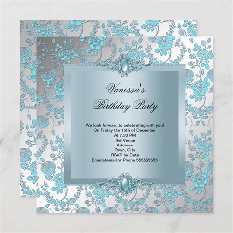 Elegant Blue Damask Floral Birthday Party Invitation Zazzle