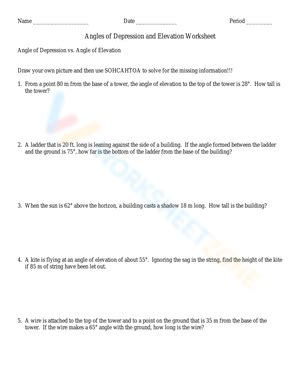 Angle Of Elevation And Depression Trig Worksheets