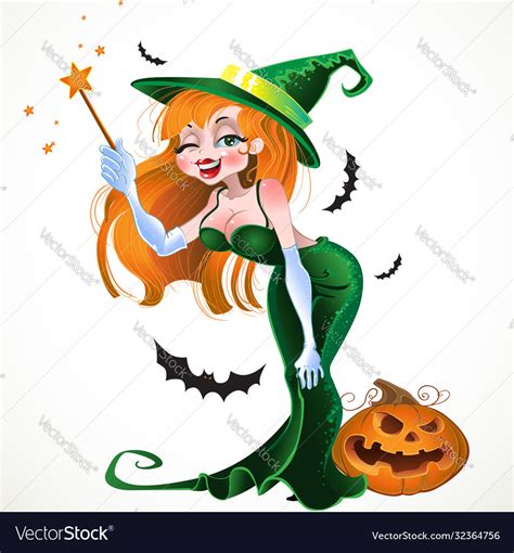 Cute Sexy Witch In Green Dress With Magic Vector Image