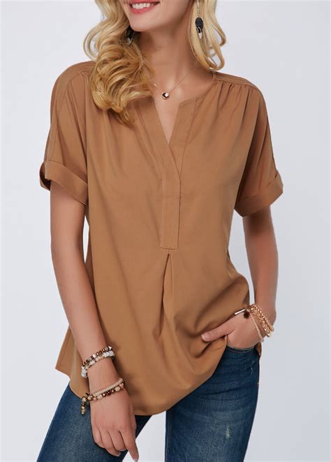 Short Sleeve Curved Hem Dark Khaki Blouse Khaki Blouse Trendy