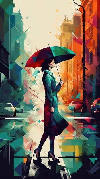 Premium AI Image | A painting of a woman with an umbrella in the rain