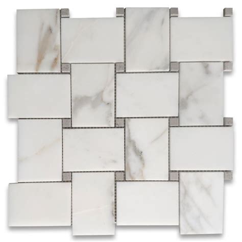 Calacatta Gold Marble Large Basketweave Mosaic Tile W Cinderella Gray