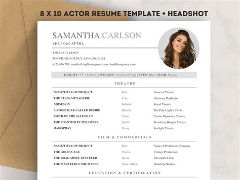 Theatre Actor Resume Template Headshot And Cover Letter 8x10 For