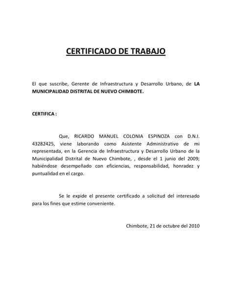 Modelo De Certificado De Trabajo Para Pedir Un Pr Stamo Financial Report