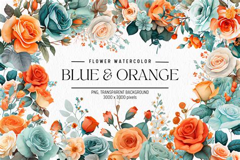 Blue Orange Flowers Watercolor Clipart Graphic By FOLV Creative Fabrica