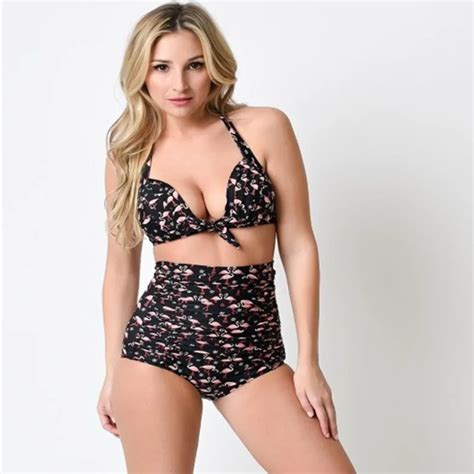 Xl Plus Size Bikini Women High Waist Swimwear Vintage Printed Flamingo