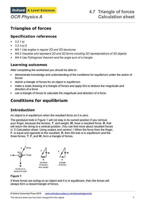 2 Kerboodle Worksheet Triangle Of Forces OCR Physics A Calculation