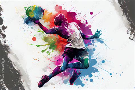 Abstract Handball Player Jumping With The Ball From Splash Of