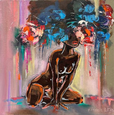 Nude Woman Painting Black Woman Artwork Flowers Head Woman Art Naked