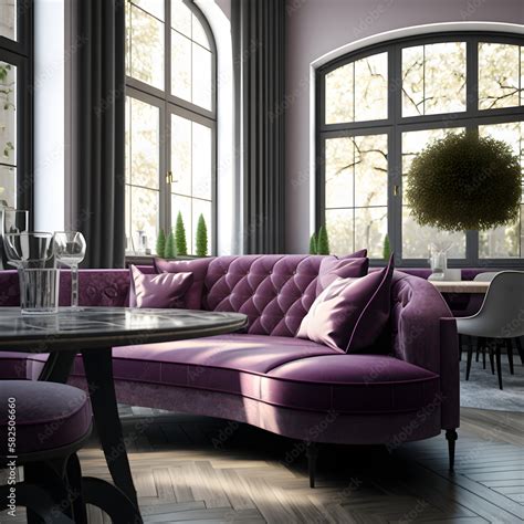 Purple couch in a cozy modern living room interior with big windows ...