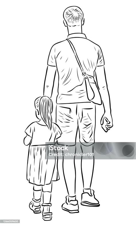 Ilustración De Dibujo De Esquema De Joven Padre Con Su Hija Pequeña Caminando Juntos En El Día