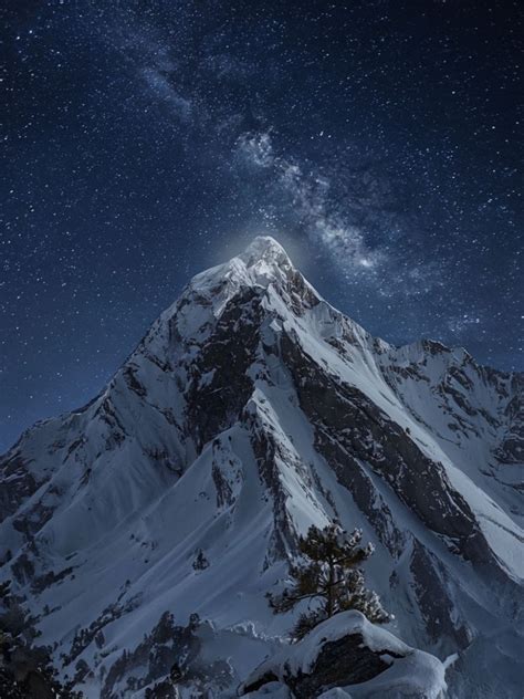 Majestic Snow Covered Mountain Peak Under Starry Sky Art Playground