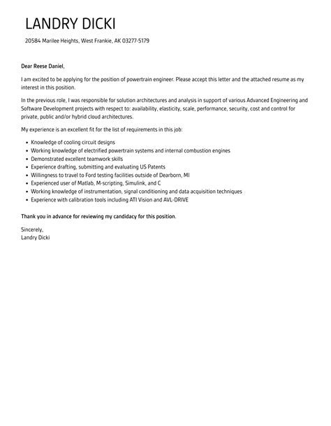 Powertrain Engineer Cover Letter Velvet Jobs