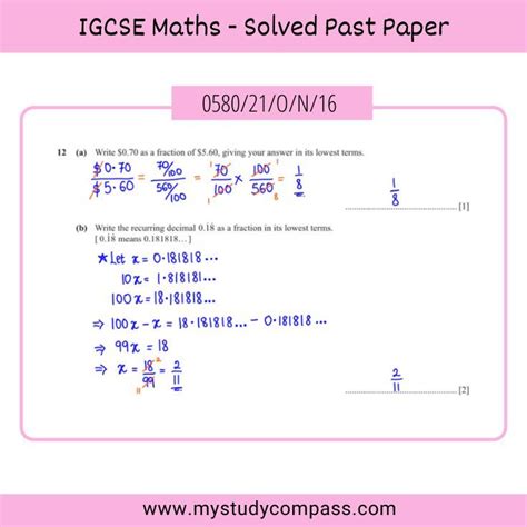 Cie Igcse Maths 0580 21 O N 16 Solved Past Paper Question 12