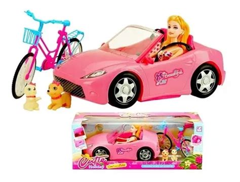 Carro Convertible Barbie Bicicleta Cachorros Muñeca Cutie Color Rosa