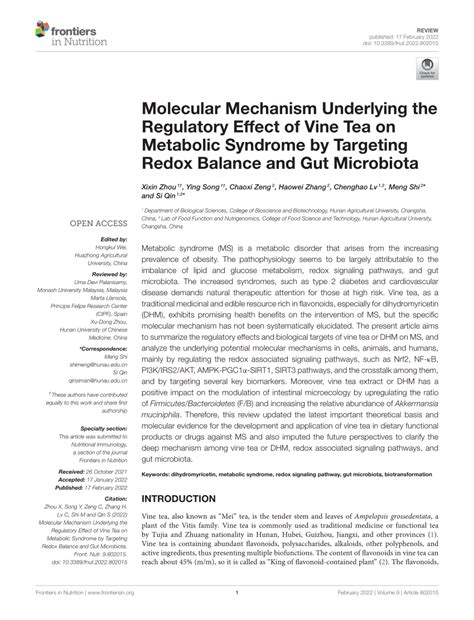 PDF Molecular Mechanism Underlying The Regulatory Effect Of Vine Tea