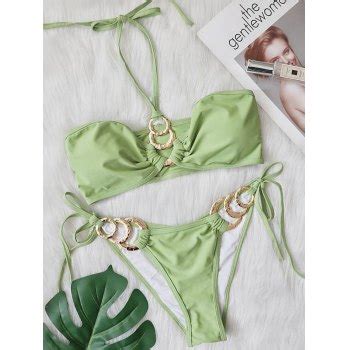 Emmiol Free Shipping 2024 Metal Ring Decor Halter Bikini Set Green M In