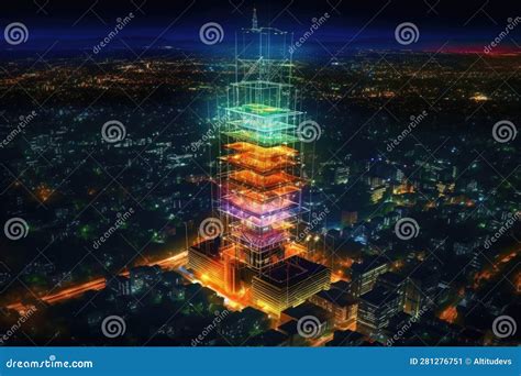 Night View Of Illuminated 5g Network Tower Stock Illustration