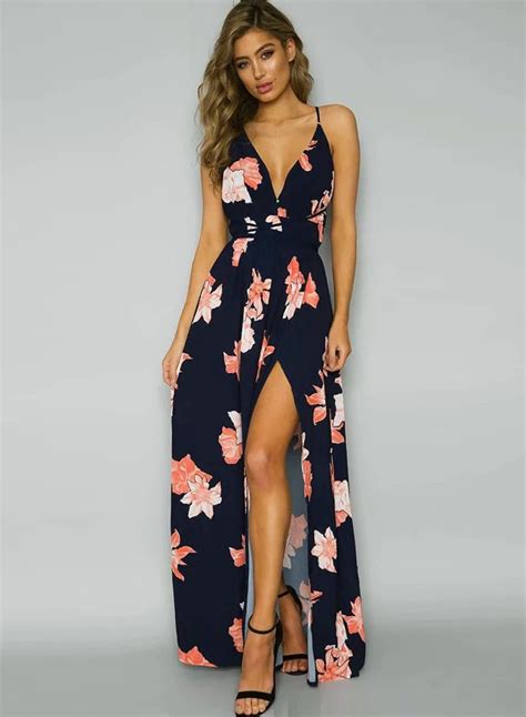 A Line Backless Floral Printed High Slit Maxi Dress Stylesimo