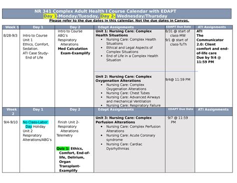 Nr Complex Adult Health Course Calendar Sept Oct Nr