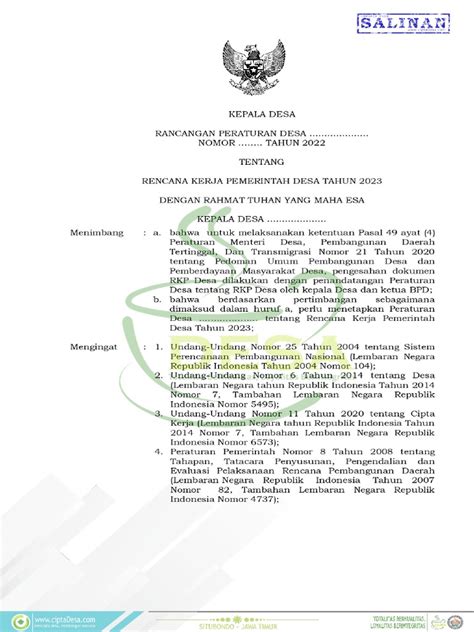 Rancangan Perdes Rkp Desa 2023 Pdf