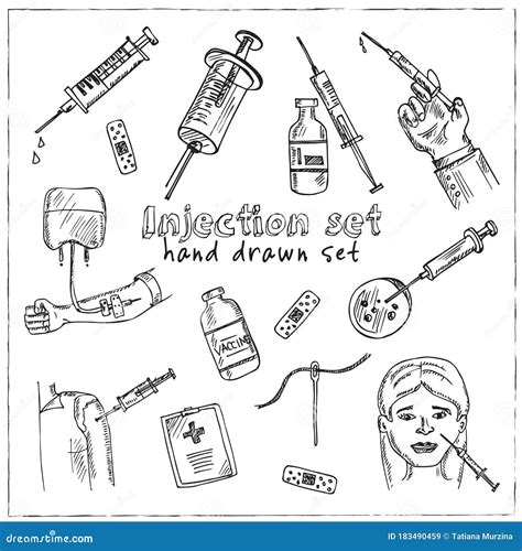 Injection Hand Drawn Doodle Set Isolated Elements On White Background Symbol Collection Stock