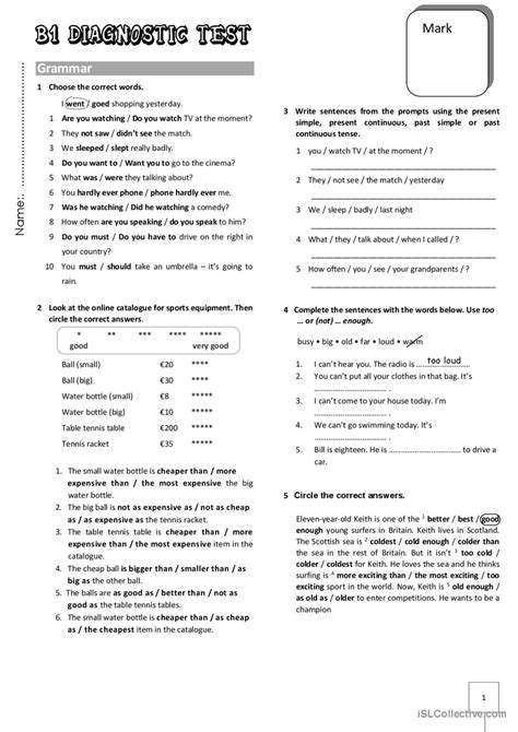 B1 Diagnostic Test English Esl Worksheets Pdf And Doc