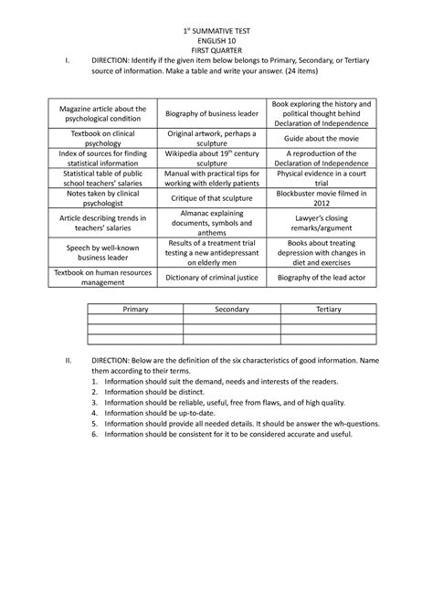 English Summative Test St Q St Summative Test English First