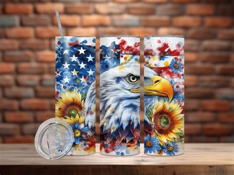 Sunflowers American Flag Eagle Tumbler Wrap 20 Oz Skinny 4th Of July