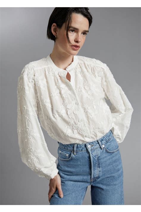 Voluminous Stand Collar Blouse White Flower Embroidery Ladies Handm Gb