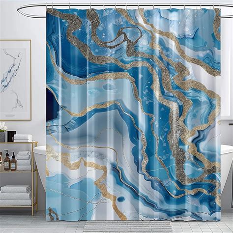 Blue And Gold Marble Shower Curtain Set With Silver Glitter Agate Stone