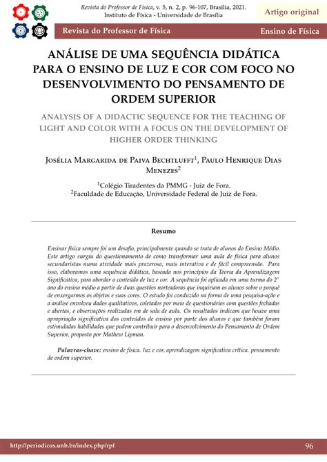 Pdf AnÁlise De Uma SequÊncia DidÁtica Para O Ensino De Luz E Cor Com