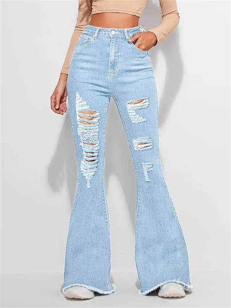 Hem Flared Jeans High Waist Ripped Bell Bottom Wide Legs Temu