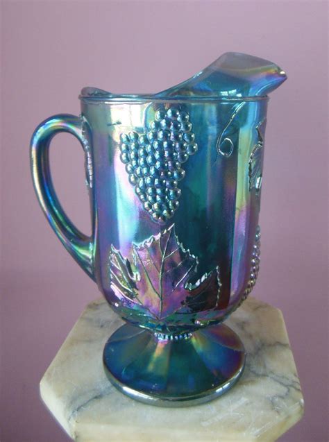 Vintage Blue Carnival Glass Pitcher With Grape And Leaf Pattern