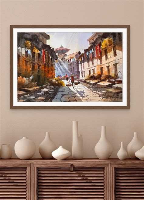 Old City Nepal Original Painting Kathmandu Culture Watercolor Decor