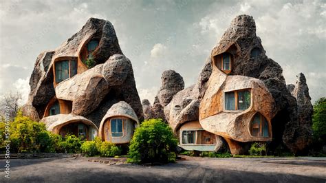 Ecological Organic Shaped Houses Made Of Rock With Tree Around Eco