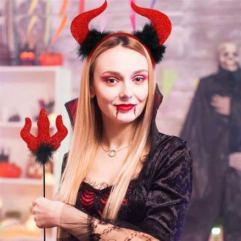 2 Piece Devil Costume Set Halloween Set Red Devil Horn Headband And Red Devil Fork Halloween