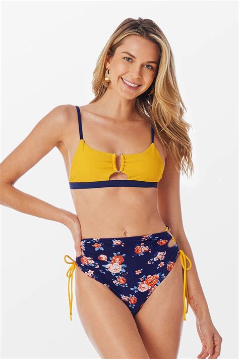 Farbeblock Bikini Set Mit Hoher Taille Und Floralem Muster Cupshe