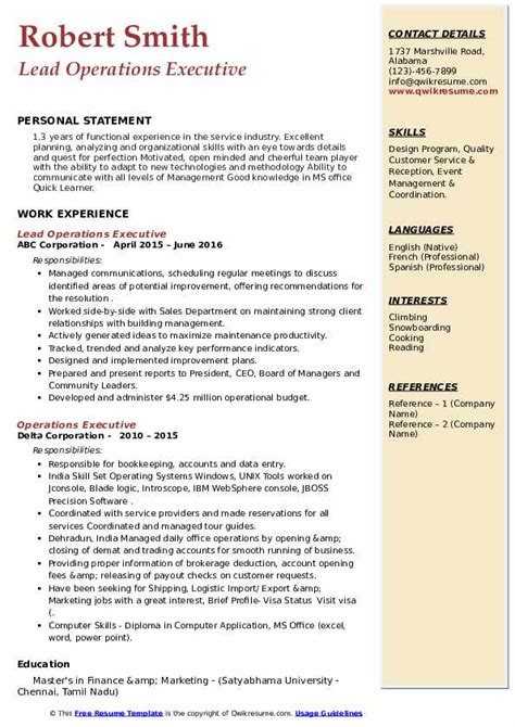 Operations Executive Resume Sample