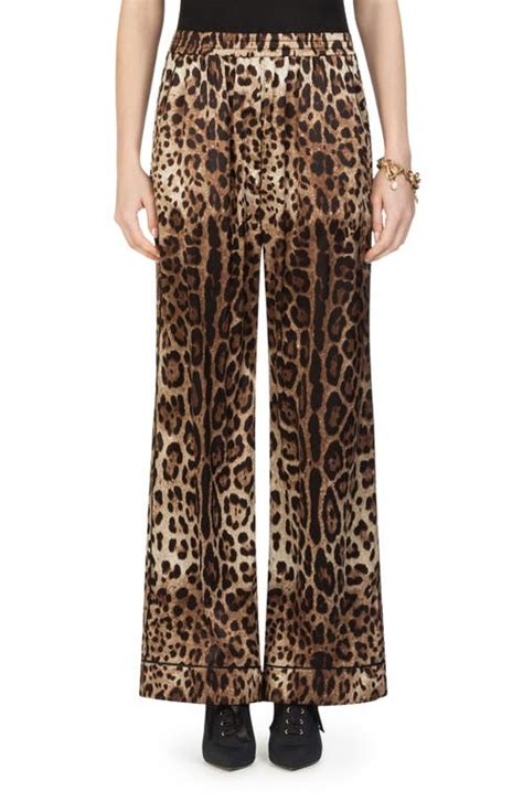 Dolce Gabbana Leopard Print Wide Leg Stretch Silk Satin Pajama Pants