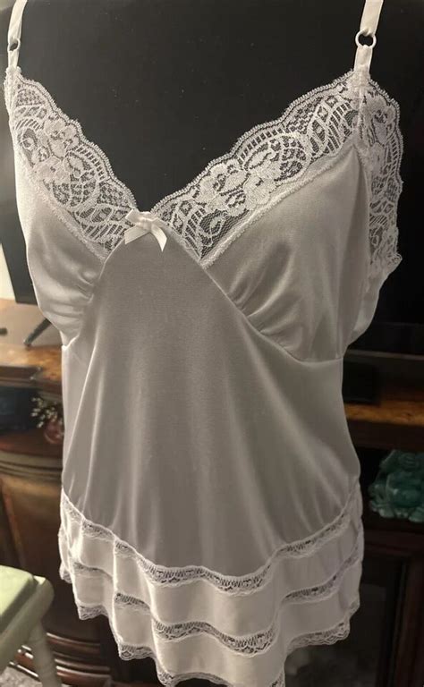 Adonna Vtg Sheer Nylon Lingerie White Camisole Tank Top Lace Femme Cami