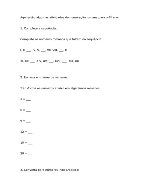 Atividades De Números Romanos 4º Ano Pdf