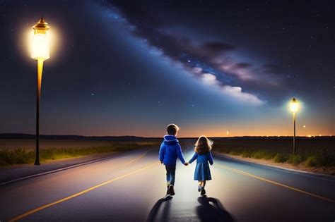 Premium AI Image | A boy and girl walk down a road holding hands.