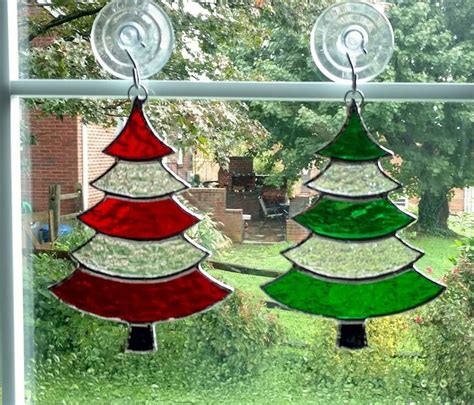 Stained Glass Christmas Tree Suncatcher Red And Green Glass Christmas