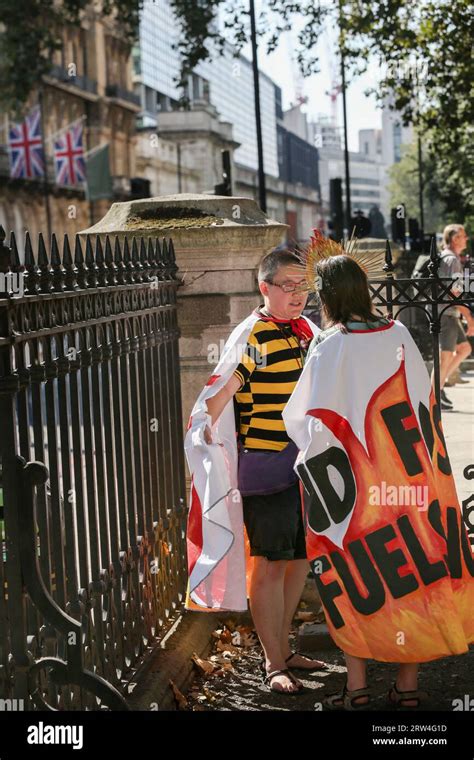 London Uk 16th Sep 2023 A Protester Wears A Cape Saying ‘end Fossil