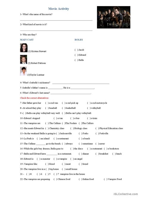 Twilight Movie Activity Video Or Mov English Esl Worksheets Pdf Doc