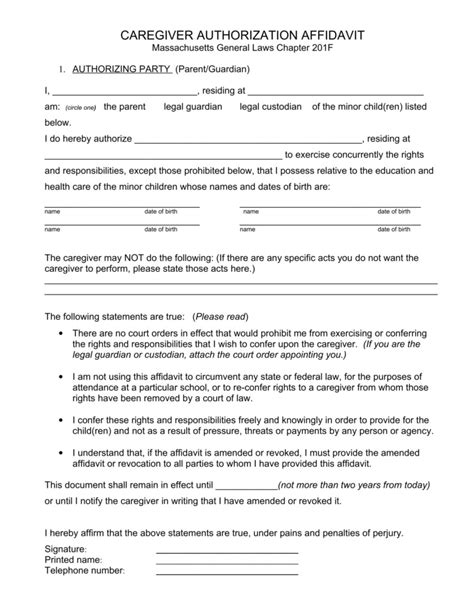 Affidavit Of Care Form Affidavitform Net