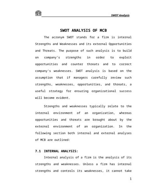 Doc Swot Analysis Of Mcb Dokumentips