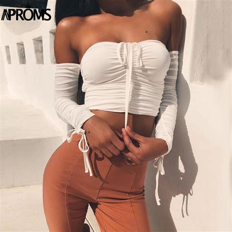 Aproms Coolest Off Shoulder Crop Tops Casual Ruched Pleated White T